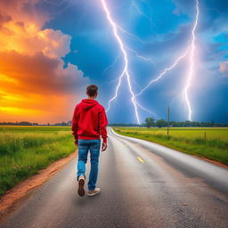 A vibrant summer scene featuring AI-style lightning in the heavens above a rural crossroad