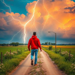 A vibrant summer scene featuring AI-style lightning in the heavens above a rural crossroad