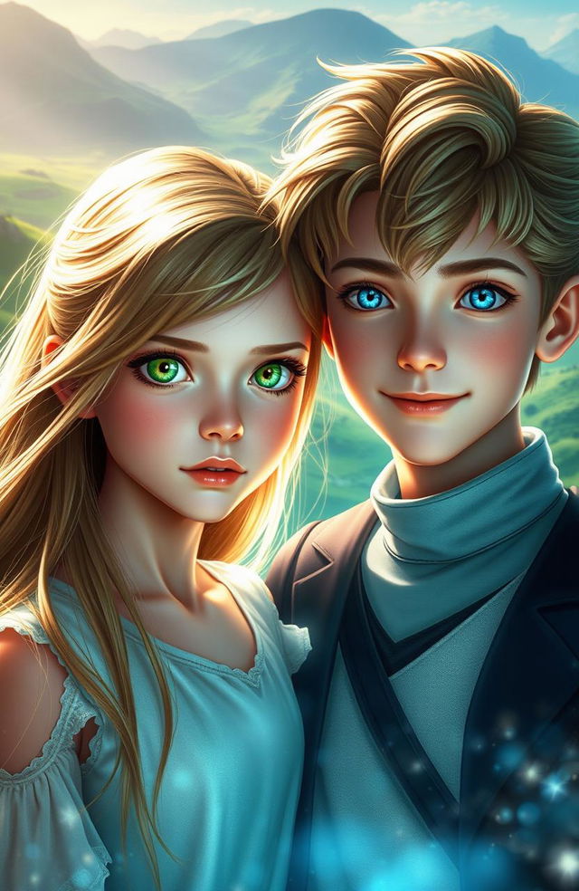 A girl with bright green eyes and a captivating expression standing next to a boy with deep blue eyes, both radiating a sense of mystery and allure