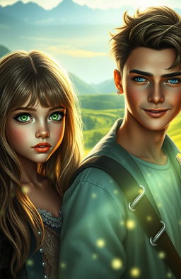A girl with bright green eyes and a captivating expression standing next to a boy with deep blue eyes, both radiating a sense of mystery and allure