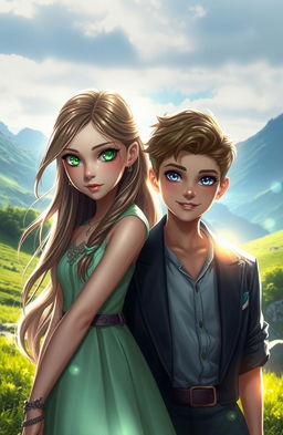A girl with bright green eyes and a captivating expression standing next to a boy with deep blue eyes, both radiating a sense of mystery and allure