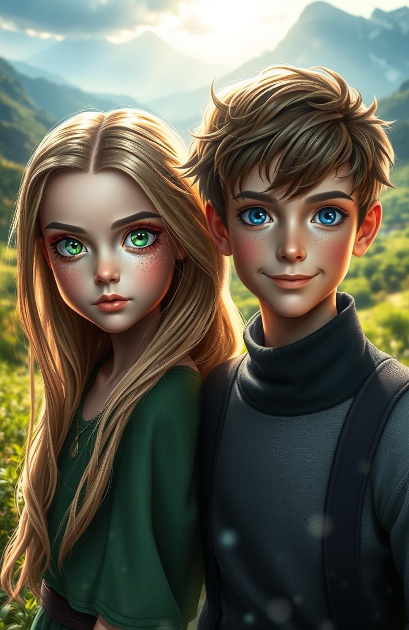 A girl with bright green eyes and a captivating expression standing next to a boy with deep blue eyes, both radiating a sense of mystery and allure