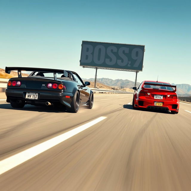 A thrilling race scene on a smooth highway featuring a 1990 black Mazda Miata with a prominent rear wing and purple headlights, competing against a red Honda Civic equipped with a body kit and a rear spoiler