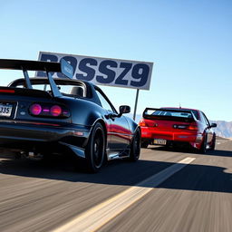 A thrilling race scene on a smooth highway featuring a 1990 black Mazda Miata with a prominent rear wing and purple headlights, competing against a red Honda Civic equipped with a body kit and a rear spoiler