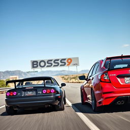 A thrilling race scene on a smooth highway featuring a 1990 black Mazda Miata with a prominent rear wing and purple headlights, competing against a red Honda Civic equipped with a body kit and a rear spoiler