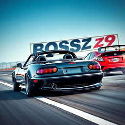 A thrilling race scene on a smooth highway featuring a 1990 black Mazda Miata with a prominent rear wing and purple headlights, competing against a red Honda Civic equipped with a body kit and a rear spoiler