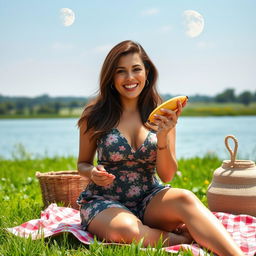 A beautiful 40-year-old woman sitting on a picnic blanket in a lush green field, next to a calm lake