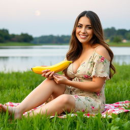 A beautiful 40-year-old woman sitting on a picnic blanket in a lush green field, next to a calm lake