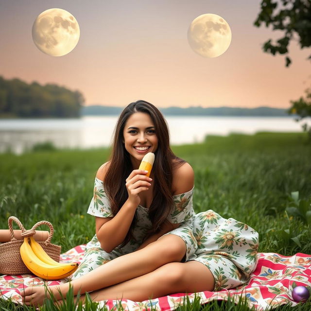 A beautiful 40-year-old woman sitting on a picnic blanket in a lush green field, next to a calm lake