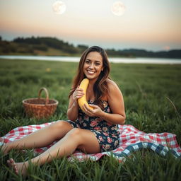 A beautiful 40-year-old woman sitting on a picnic blanket in a lush green field, next to a calm lake