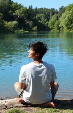 A serene scene depicting an individual sitting peacefully by a tranquil lake surrounded by lush trees, reflecting on their inner thoughts