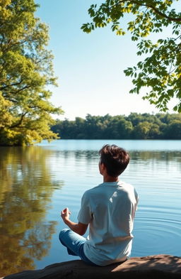 A serene scene depicting an individual sitting peacefully by a tranquil lake surrounded by lush trees, reflecting on their inner thoughts
