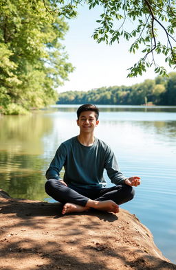 A serene scene depicting an individual sitting peacefully by a tranquil lake surrounded by lush trees, reflecting on their inner thoughts
