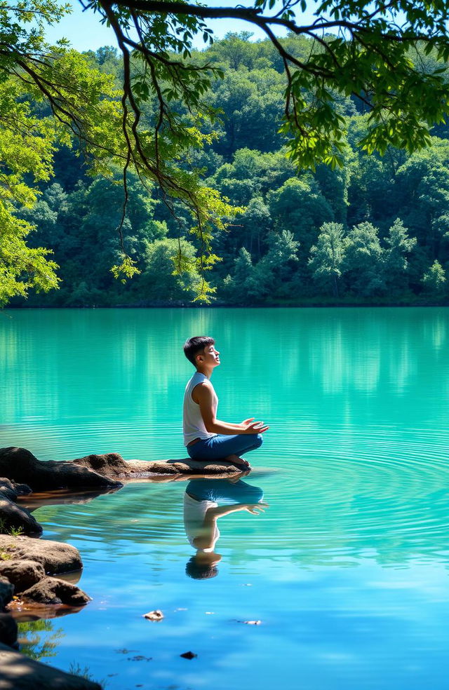 A serene scene depicting an individual sitting peacefully by a tranquil lake surrounded by lush trees, reflecting on their inner thoughts