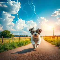 A lively summer scene featuring dramatic lightning in the heavens above a rural crossroad