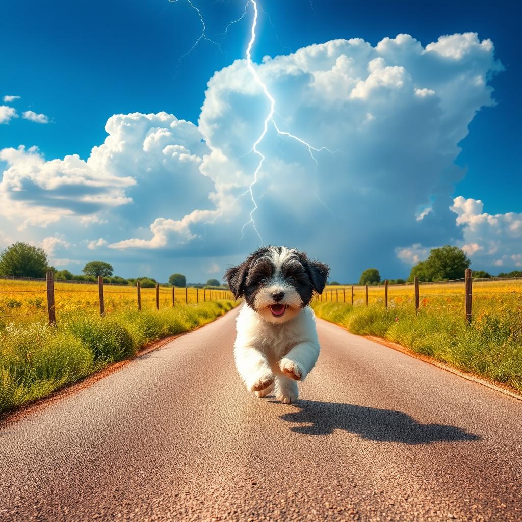 A lively summer scene featuring dramatic lightning in the heavens above a rural crossroad