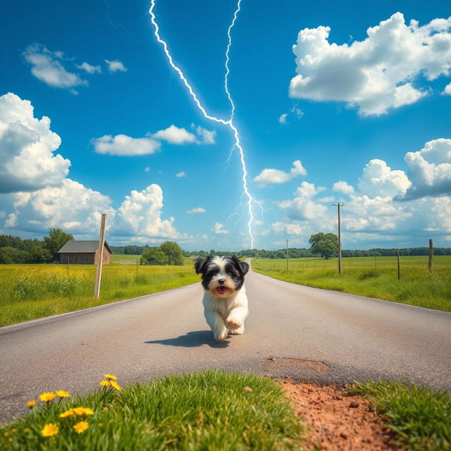 A lively summer scene featuring dramatic lightning in the heavens above a rural crossroad