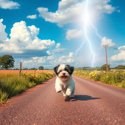 A lively summer scene featuring dramatic lightning in the heavens above a rural crossroad