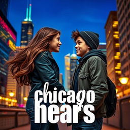 A girl and a boy sharing secrets in an urban setting, with the vibrant skyline of Chicago in the background