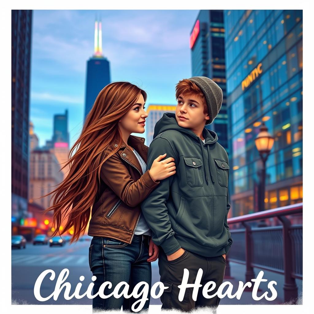 A girl and a boy sharing secrets in an urban setting, with the vibrant skyline of Chicago in the background