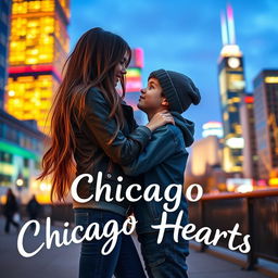 A girl and a boy sharing secrets in an urban setting, with the vibrant skyline of Chicago in the background