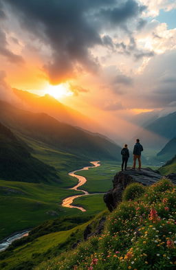 A breathtaking landscape representing the themes of resilience and hope, featuring a majestic sunrise breaking through dark storm clouds over a rugged mountain range