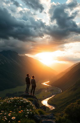 A breathtaking landscape representing the themes of resilience and hope, featuring a majestic sunrise breaking through dark storm clouds over a rugged mountain range