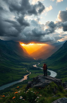 A breathtaking landscape representing the themes of resilience and hope, featuring a majestic sunrise breaking through dark storm clouds over a rugged mountain range