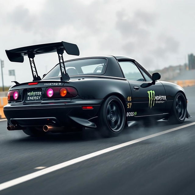 A 1990 Mazda Miata in sleek black color, featuring distinctive purple headlights removed from the vehicle