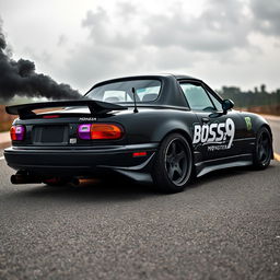 A 1990 Mazda Miata in sleek black color, featuring distinctive purple headlights removed from the vehicle