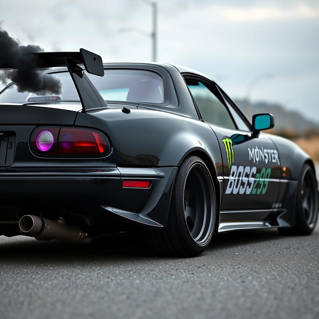 A 1990 Mazda Miata in sleek black color, featuring distinctive purple headlights removed from the vehicle