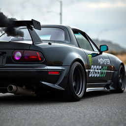 A 1990 Mazda Miata in sleek black color, featuring distinctive purple headlights removed from the vehicle