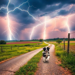 A dynamic summer scene filled with lots of lightning in the heavens over a rural crossroad