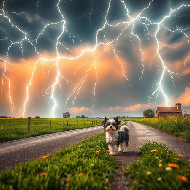 A dynamic summer scene filled with lots of lightning in the heavens over a rural crossroad