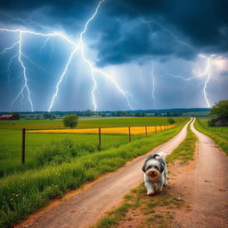 A dynamic summer scene filled with lots of lightning in the heavens over a rural crossroad