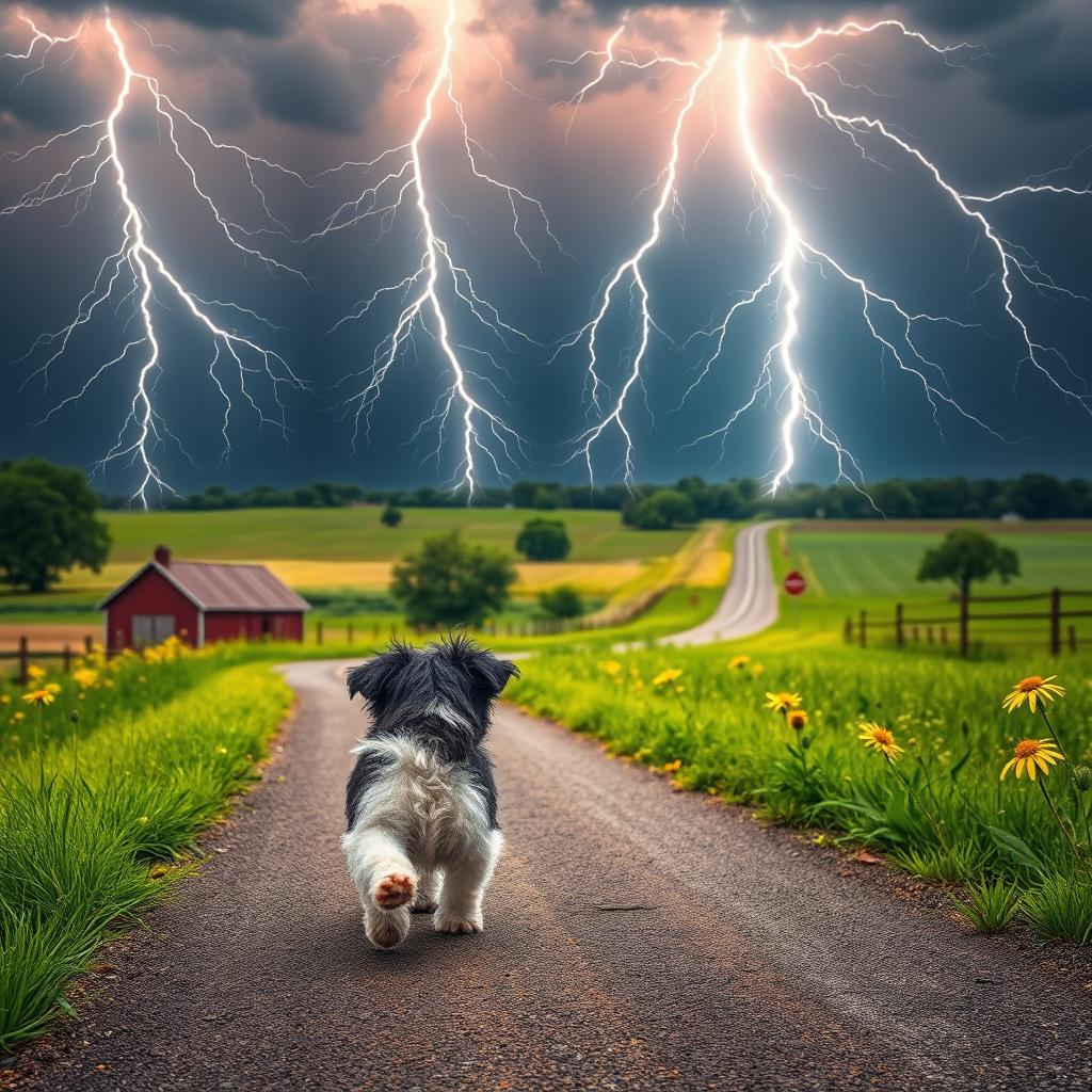 A dynamic summer scene filled with lots of lightning in the heavens over a rural crossroad