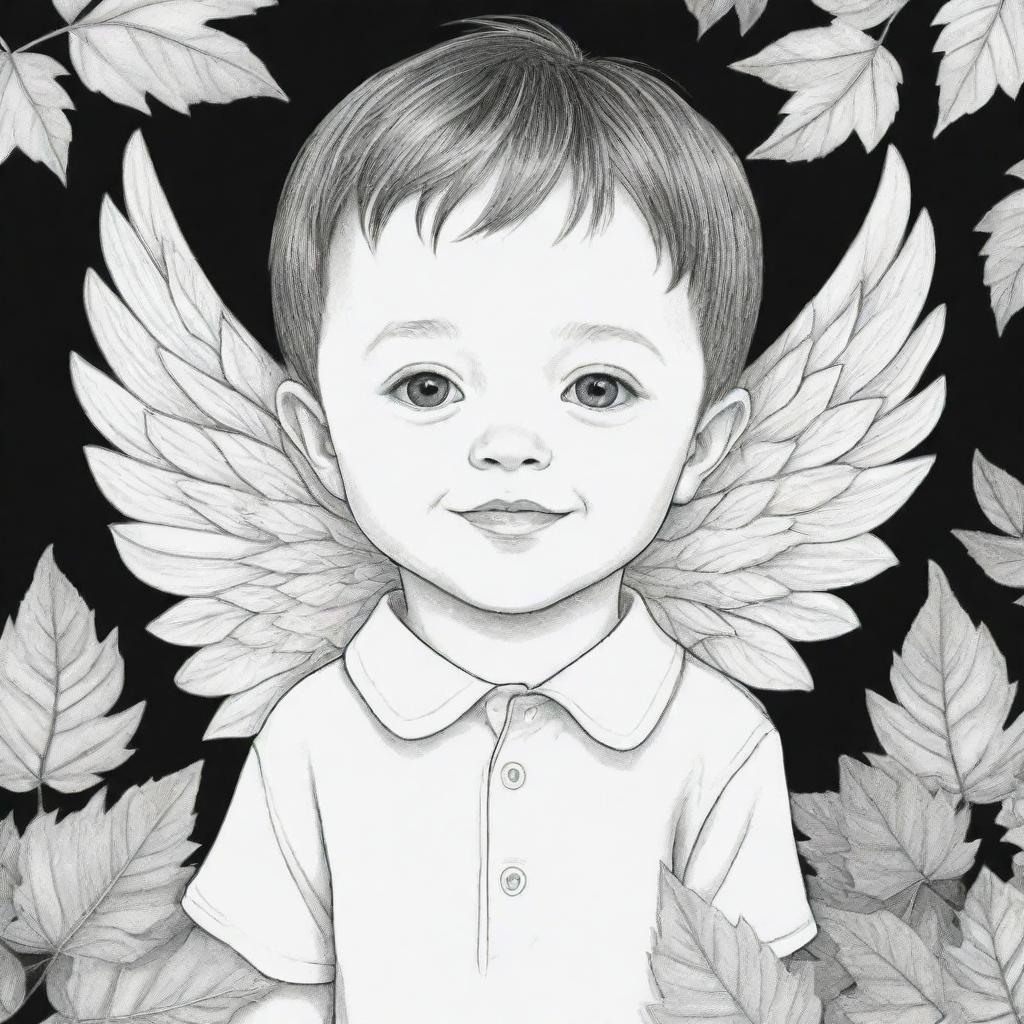 Two-dimensional black and white coloring page of a cute boy with Down syndrome, dressed with leaves and wings.