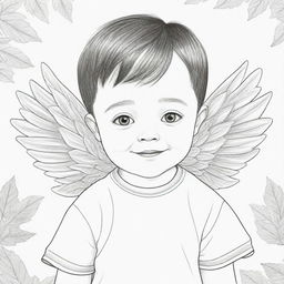 Two-dimensional black and white coloring page of a cute boy with Down syndrome, dressed with leaves and wings.