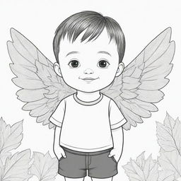 Two-dimensional black and white coloring page of a cute boy with Down syndrome, dressed with leaves and wings.