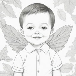 Two-dimensional black and white coloring page of a cute boy with Down syndrome, dressed with leaves and wings.