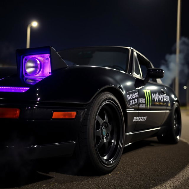 A 1990 Mazda Miata in glossy black color, featuring prominent purple headlights that are slightly protruding