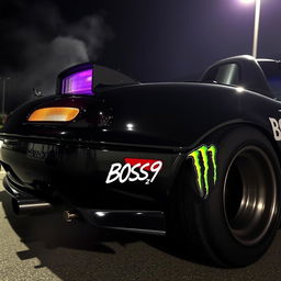 A 1990 Mazda Miata in glossy black color, featuring prominent purple headlights that are slightly protruding