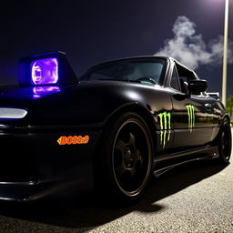 A 1990 Mazda Miata in glossy black color, featuring prominent purple headlights that are slightly protruding