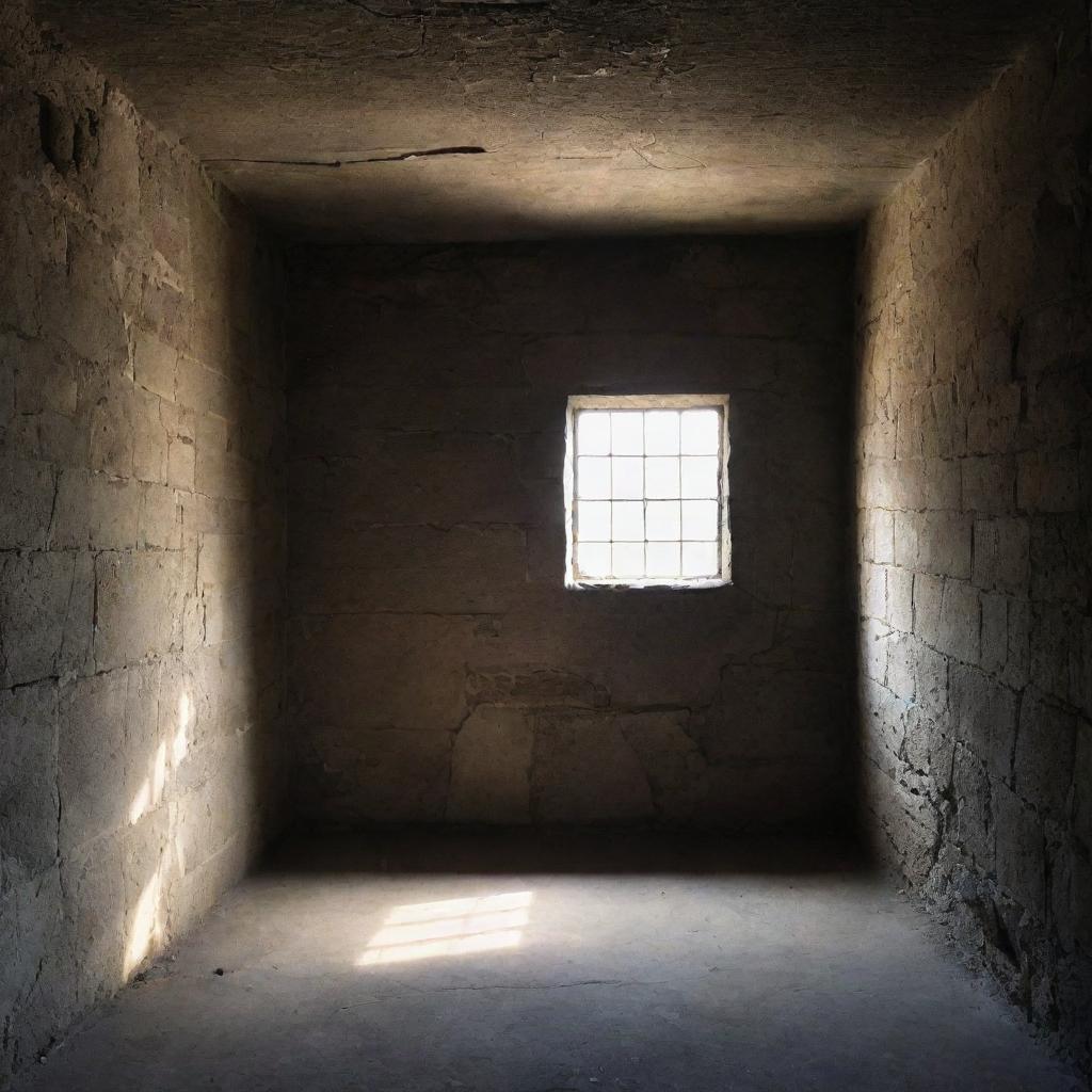 A dark, dank medieval prison cell with weathered stone walls. A single, small lattice window allows a scant amount of light to seep in, casting long shadows around the room.