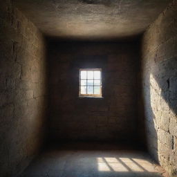 A dark, dank medieval prison cell with weathered stone walls. A single, small lattice window allows a scant amount of light to seep in, casting long shadows around the room.