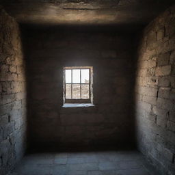 A dark, dank medieval prison cell with weathered stone walls. A single, small lattice window allows a scant amount of light to seep in, casting long shadows around the room.