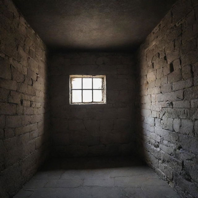 A dark, dank medieval prison cell with weathered stone walls. A single, small lattice window allows a scant amount of light to seep in, casting long shadows around the room.