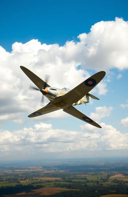 An iconic World War II scene featuring a Supermarine Spitfire aircraft taking off into a clear blue sky, emphasizing the power and grace of the plane
