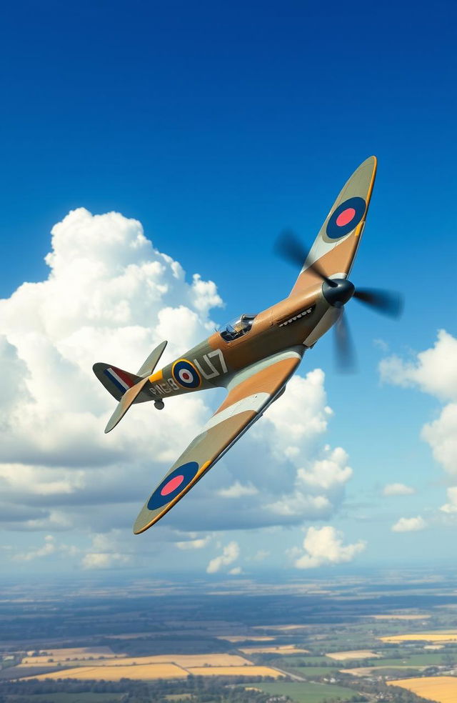 An iconic World War II scene featuring a Supermarine Spitfire aircraft taking off into a clear blue sky, emphasizing the power and grace of the plane