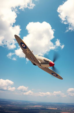 An iconic World War II scene featuring a Supermarine Spitfire aircraft taking off into a clear blue sky, emphasizing the power and grace of the plane